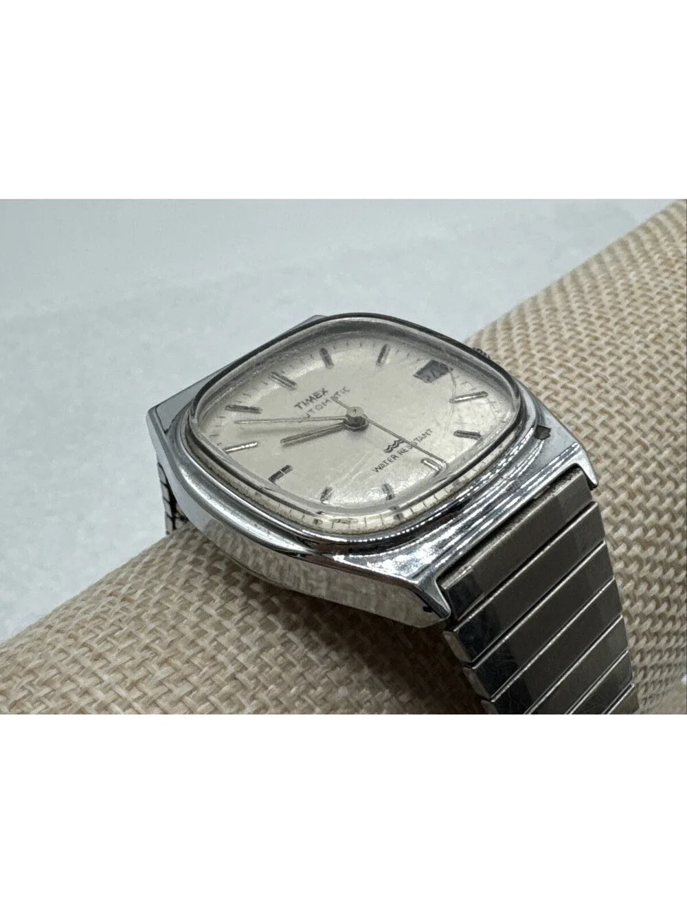 Timex Viscount Calendar Watch 34523 10888 Wind Up Silver Expansion Band Square